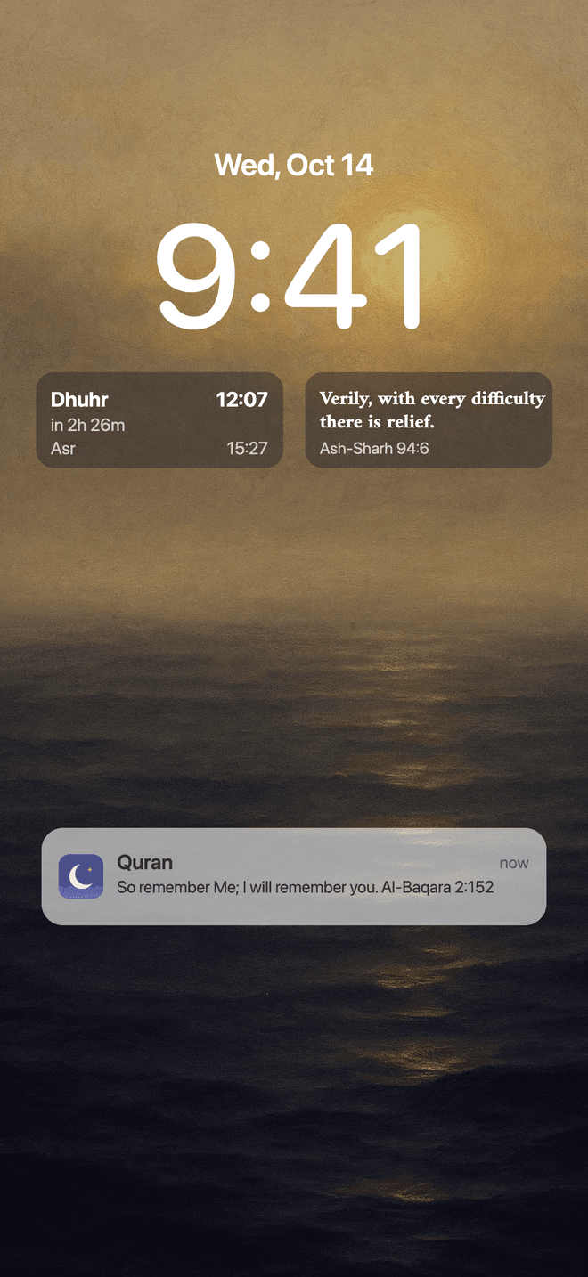 A Lock Screen with the next prayer and an ayah as widgets, and a Quran notification