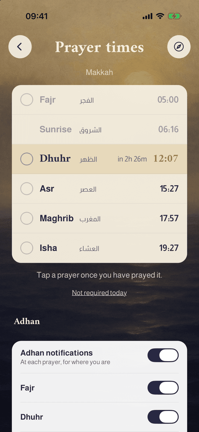 Prayer times for Makkah, the next prayer lit, with the adhan settings below