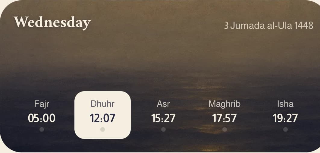 Prayer times widget: today's five prayers, Dhuhr next at 12:07